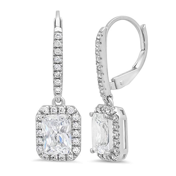 Clara Pucci 3.47 CT Emerald Cut PAVE DROP DANGLE Leverback Pave Halo Pave EARRINGS 14K White GOLD