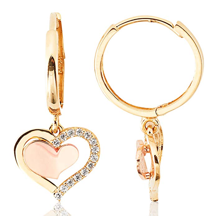 14K Rose and Yellow Gold Heart Dangling Earrings With CZ for Women and Girls