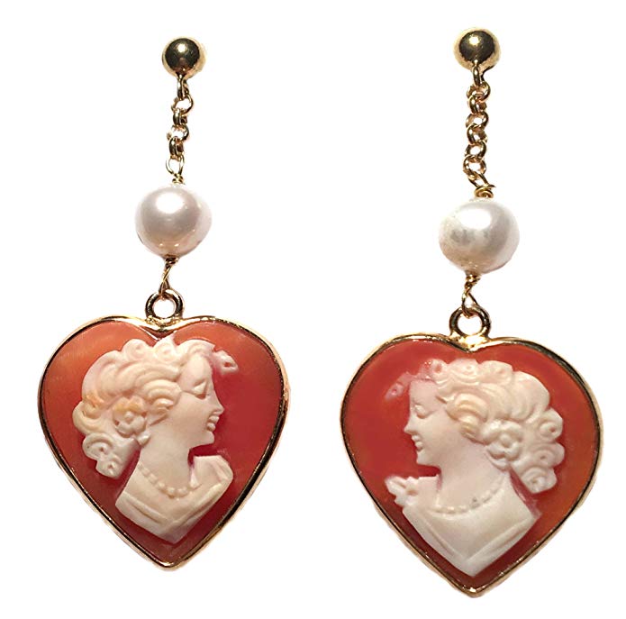 Cameo Earrings Post Back Dangle Italian Master Carved, Sterling Silver 18k Gold Overlay Heart Shape with Pearl Natural Fresh Water Insert