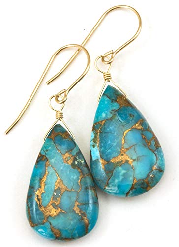 14k Gold Filled Blue Turquoise Earrings Coppery Mosaic Large Long Smooth Teardrops Veining