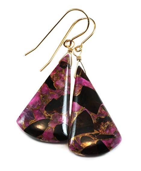 14k Gold Filled Obsidian Earrings Pink Coppery Mosaic Contemporary Teardrop Briolettes