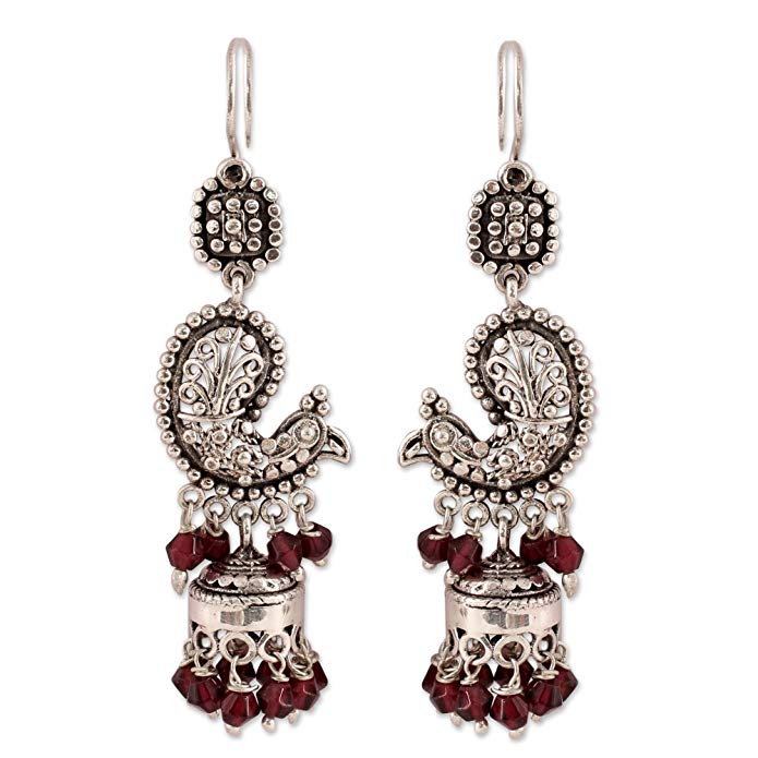 NOVICA Garnet .925 Sterling Silver Chandelier Hook Earrings 'Paisley Peacock'