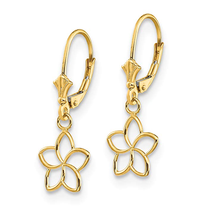 14k Yellow Gold Polished Cut Out Flower Leverback Earrings (1IN x 0.4IN)