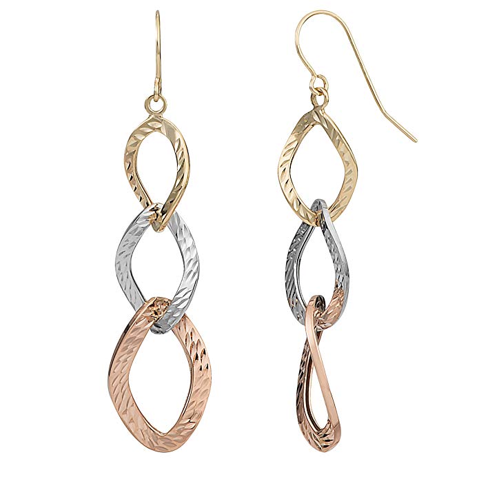 10k Tricolor Gold Graduated Diamond Cut Twist Oval Drop Earrings