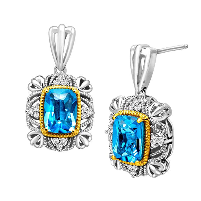 3 1/3 ct Natural Swiss Blue Topaz and 1/10 ct Diamond Drop Earrings in Sterling Silver and 14K Gold