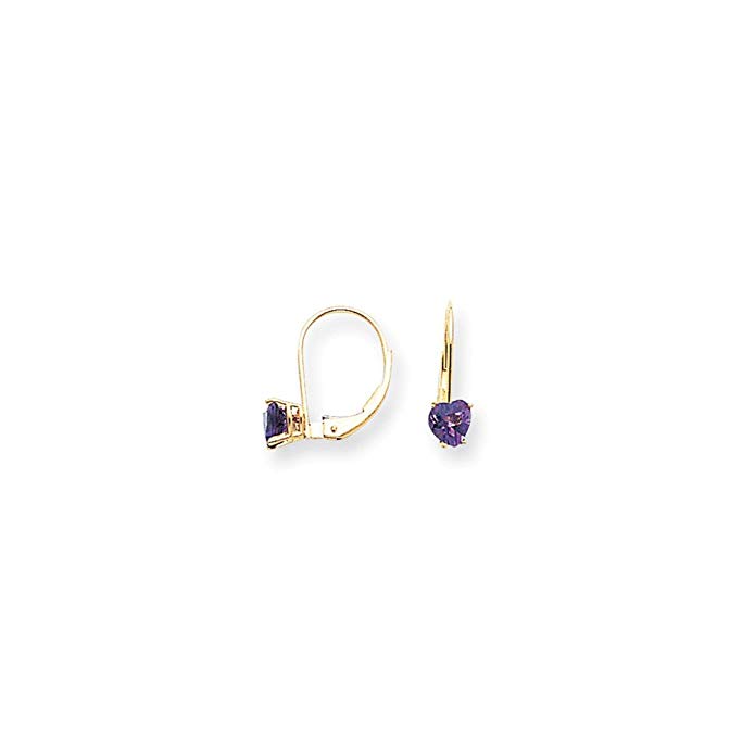 14k Yellow Gold Polished Leverback 5mm Heart Amethyst Earrings