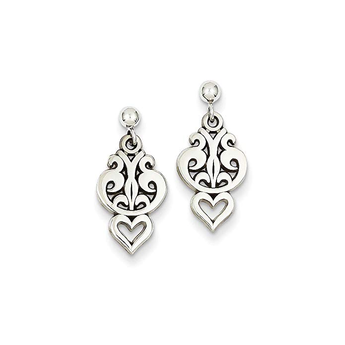 14k White Gold Filigree Heart Dangle Earrings