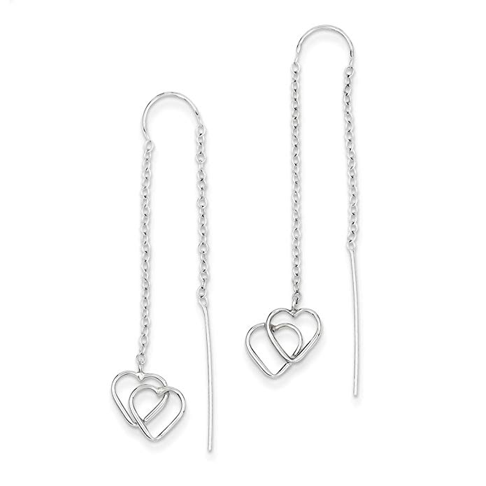 14k White Gold Double Heart Threader Earrings. (1.9IN x 0.4IN)