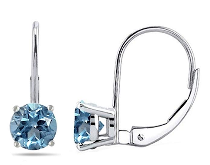 14k White Gold Round 7mm Aquamarine Lever-Back Earrings