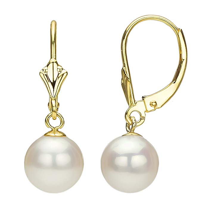 Cultured Freshwater Pearl Earrings Dangle 14K Yellow Gold Leverback Jewelry for Women 8-8.5mm