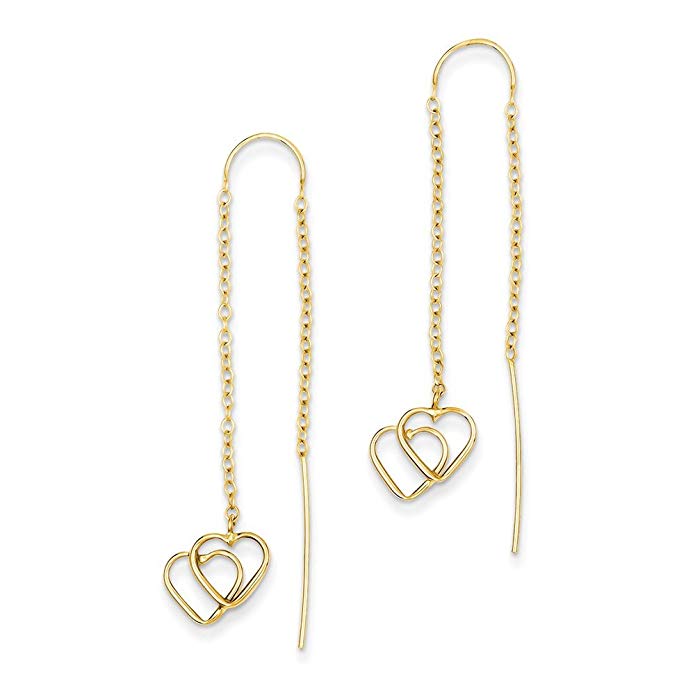 14k Yellow Gold Double Heart Threader Earrings. (1.9IN x 0.4IN)