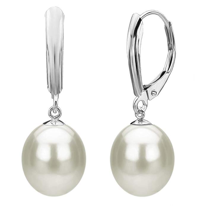 Freshwater Cultured Drop White Pearl Earrings Leverback 14K Gold Jewelry for Women