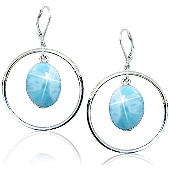 Sterling Silver Drop Earrings with Oval Larimar Stones (BTS-NEA3062/LR/R)