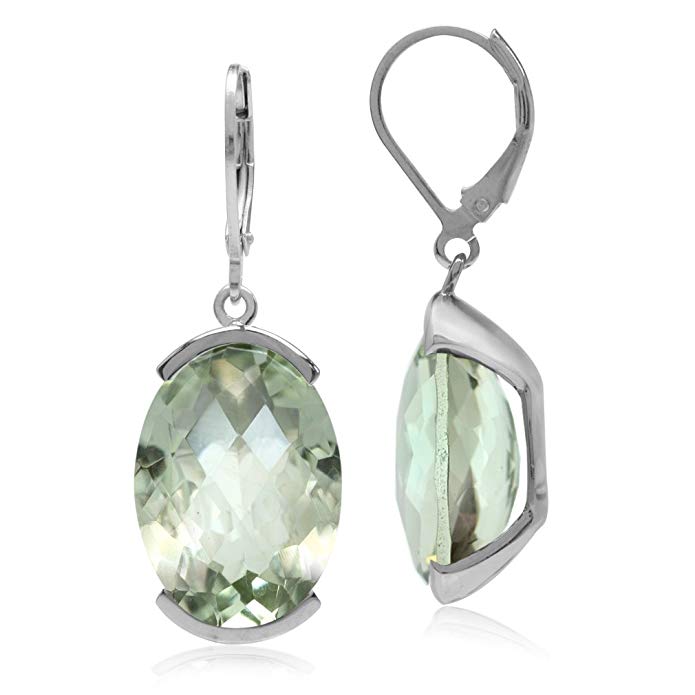 22.06ct. Natural Oval Shape Green Amethyst White Gold Plated 925 Sterling Silver Leverback Earrings