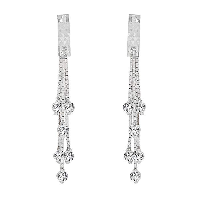 14k Gold White Rhodium, Multi Strand Sparkly Drop Earring Created CZ Crystals