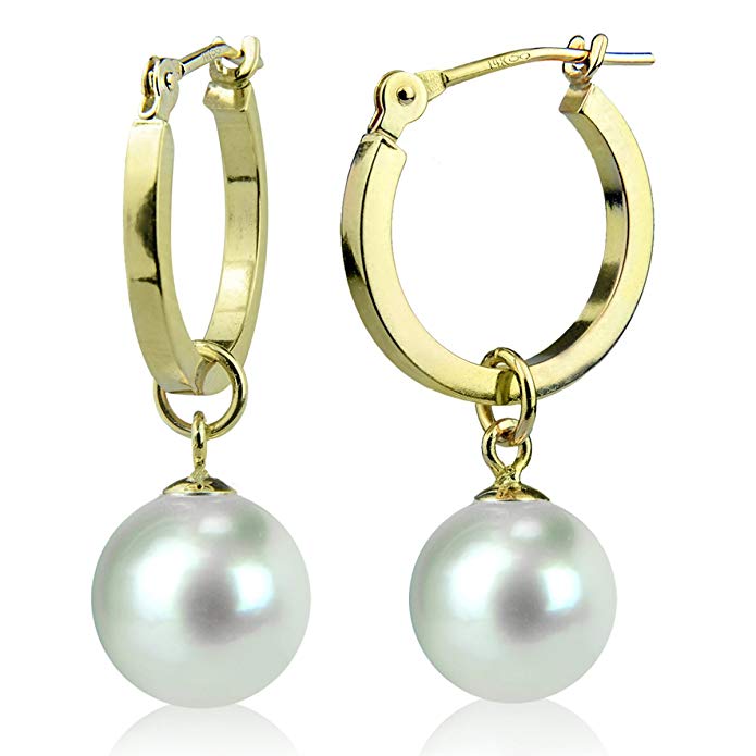 14K Yellow Gold Round White Freshwater Cultured Pearl Hoop Dangle Earrings 7mm