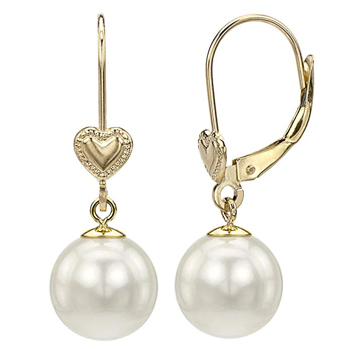 14k Yellow Gold 9-9.5mm Round White Freshwater Cultured Pearl Heart Design Lever-back Earrings