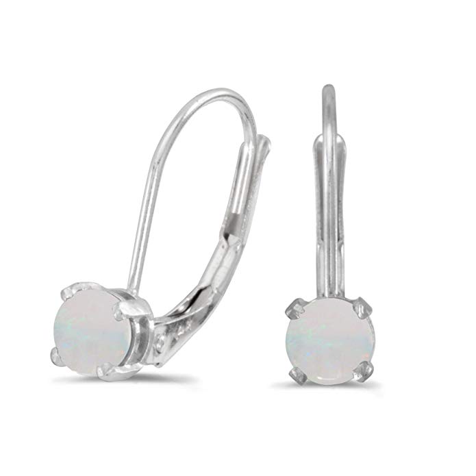 14k White Gold Round Opal Lever-back Earrings