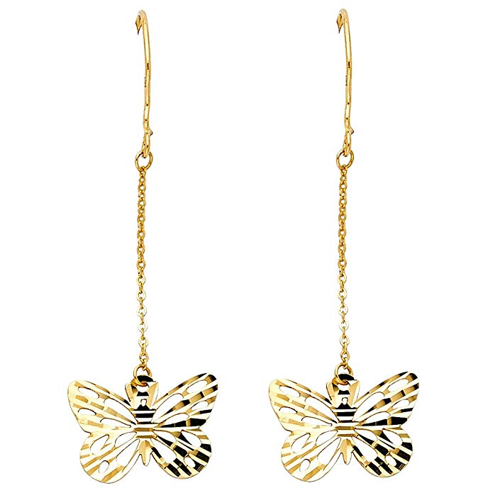 14k Yellow Gold Butterfly Dangle Earrings (50 x 15 mm)