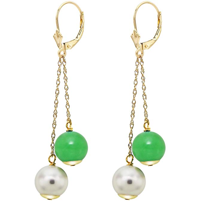 14K Yellow Gold Leverback Cultured Freshwater White Pearl Earrings Dangle Simulated Gemstone 8-8.5mm