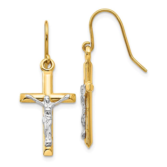 14kt Two Tone Yellow Gold Crucifix Cross Religious Drop Dangle Chandelier Earrings Fine Jewelry For Women Gift Set