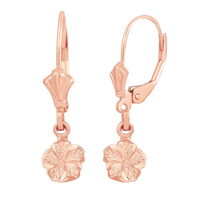 14k Rose Gold Tropical Hibiscus (Malvaceae) Flower Dangle Earrings