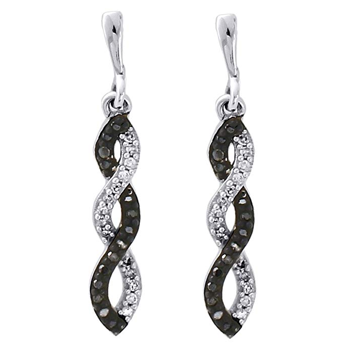 10K White Gold Round Cut Black Diamond Infinity Dangle Earrings Screw Backs 0.90