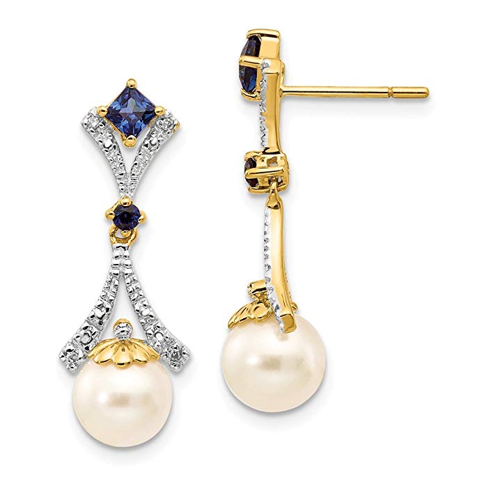 14kt Yellow Gold 8mm Freshwater Cultured Pearl Created Sapphire Diamond Drop Dangle Chandelier Post Stud Earrings Fine Jewelry For Women Gift Set