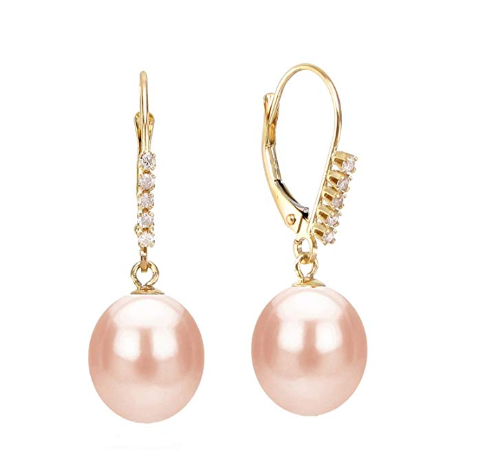 Freshwater Cultured Pearl Leverback Diamond Earrings 14K Yellow Gold Jewelry for Women 1/10 CTTW 9-9.5mm