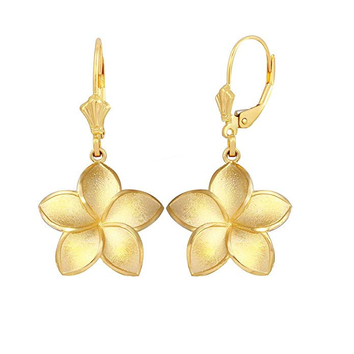 Matte Finish 14k Yellow Gold Hawaiian Flower Plumeria Dangle Earrings (Medium)