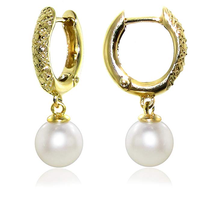 14k Yellow Gold Illusion 8-8.5mm Round White Freshwater Cultured Pearl Loop Round Dangle Earrings