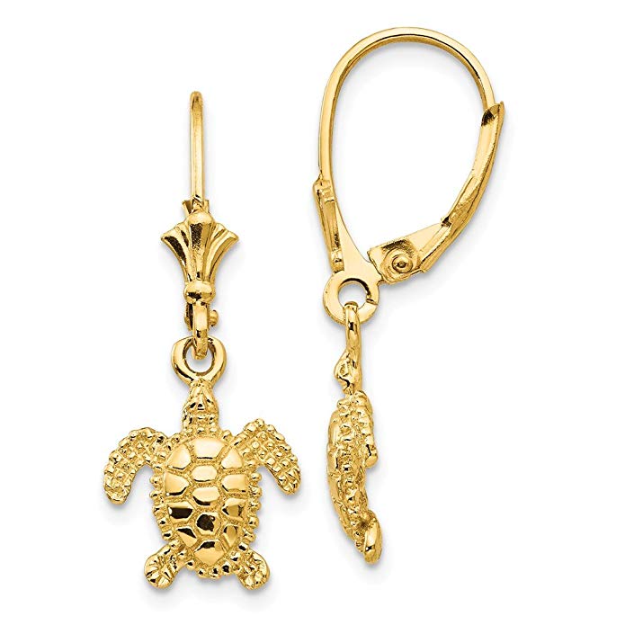 14k Yellow Gold 3-D Mini Sea Turtle Leverback Earrings (1.1IN x 0.4IN)