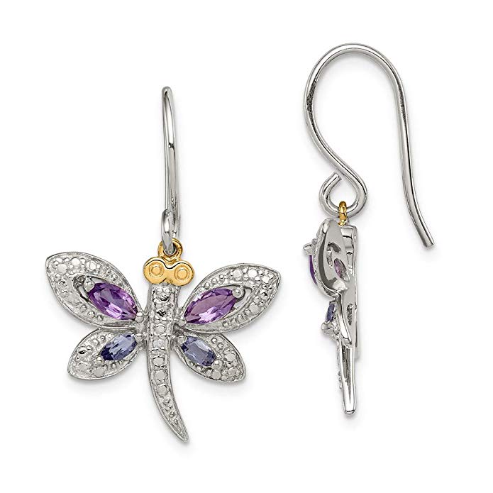 925 Sterling Silver 14kt Purple Amethyst Blue Iolite Diamond Dragonfly Drop Dangle Chandelier Earrings Animal Insect Fine Jewelry For Women Gift Set