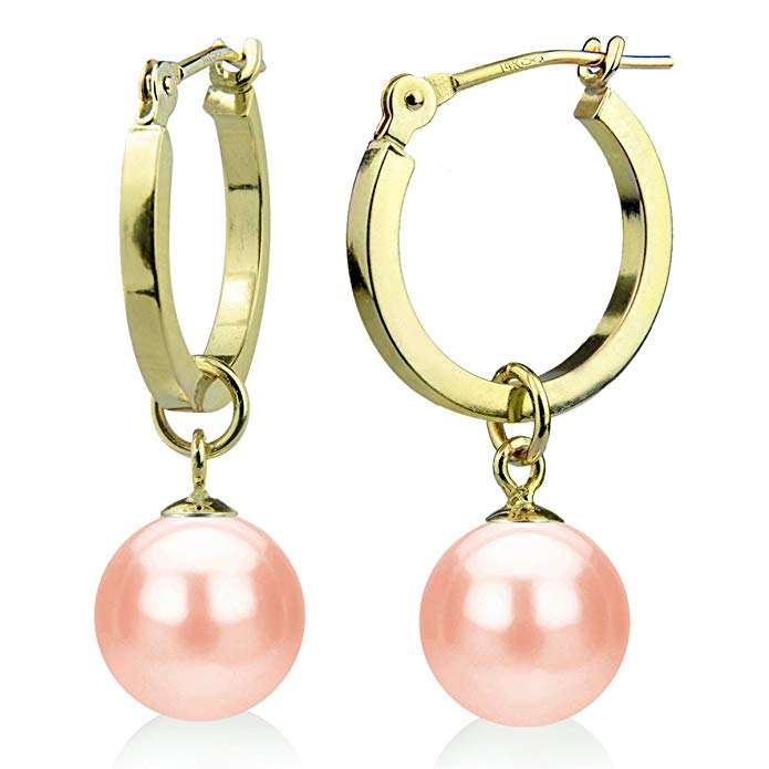 14K Yellow Gold Round Pink Freshwater Cultured Pearl Hoop Dangle Earrings 9mm