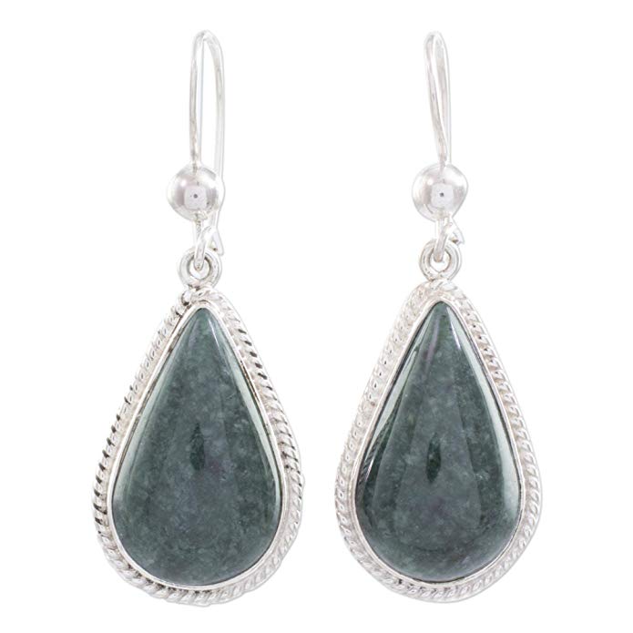 NOVICA Jade and .925 Sterling Silver Dangle Earrings, 'Dark Green Sacred Quetzal'