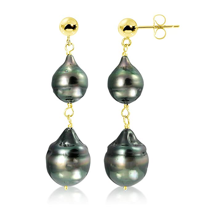 14k Yellow Gold 8-12mm Black Off-shape Tahitian Cultured Pearl Stud Dangle Earrings