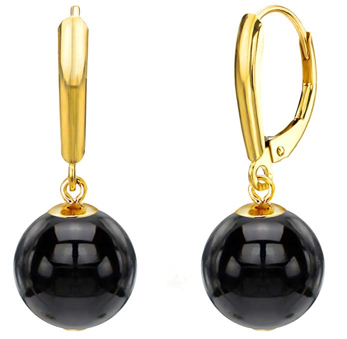 14k Yellow Gold 10mm Round Simulated Black Onyx Lever-back Earrings