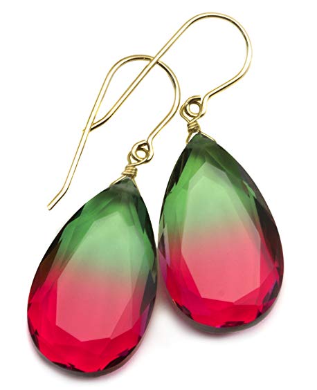 Watermelon Pink Bi Color Simulated Tourmaline Earrings Hot Pink Green Bicolored Large Drops