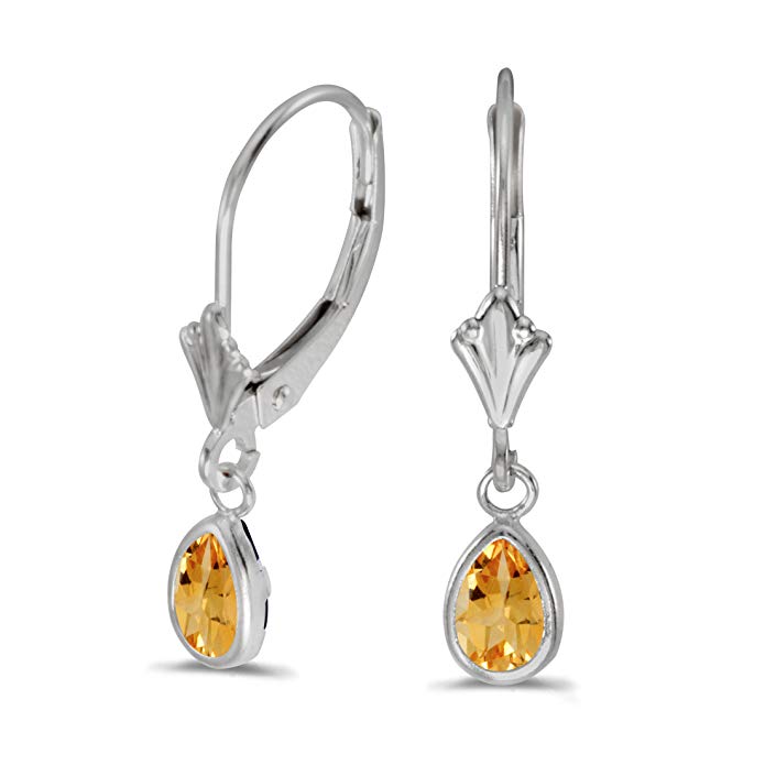 14k White Gold Pear Citrine Bezel Lever-back Earrings