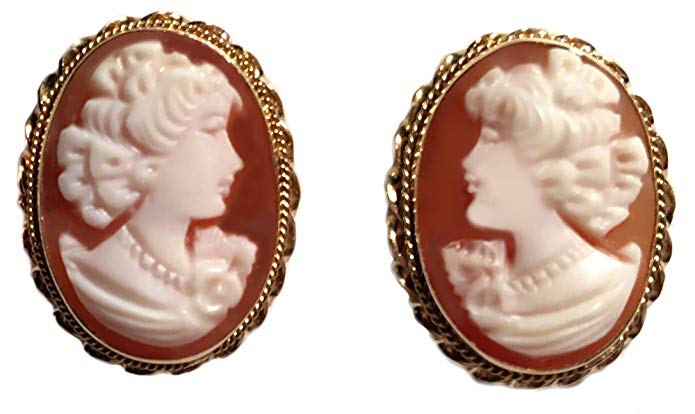 Post Back Cameo Earrings 14k Gold Carnelian Conch Shell Master Carved, Italian