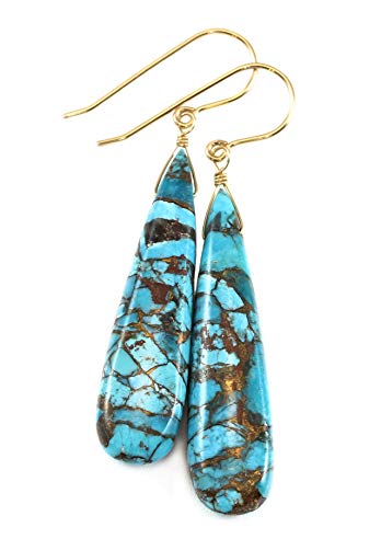 14k Gold Filled Coppery Blue Mosaic Turquoise Earrings Large Long Teardrops Veining