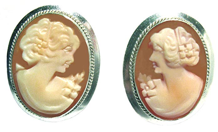 Cameo Earrings Master Carved, Sterling Silver Natural Carnelian Shell Italian Post Back