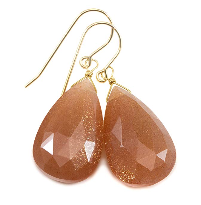 Peach Moonstone Earrings Large Long Faceted Cut Teardrops Soft Shimmery Drops