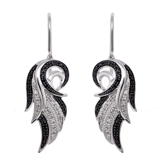 925 Sterling Silver Diamond Angel Feather Wing Drop Earrings (1/5 Carat) - IGI Certified