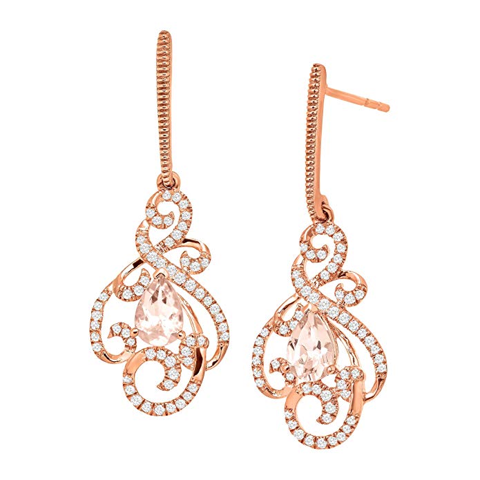 3/4 ct Natural Morganite & 1/3 ct Diamond Swirl Drop Earrings in 10K Rose Gold