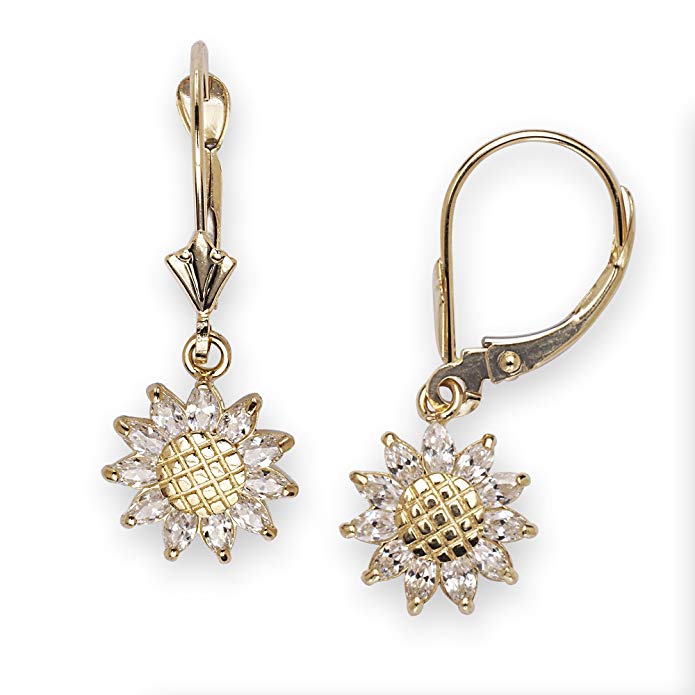 14k Yellow Gold CZ Sunflower Drop Leverback Earrings - Measures 26x10mm - JewelryWeb