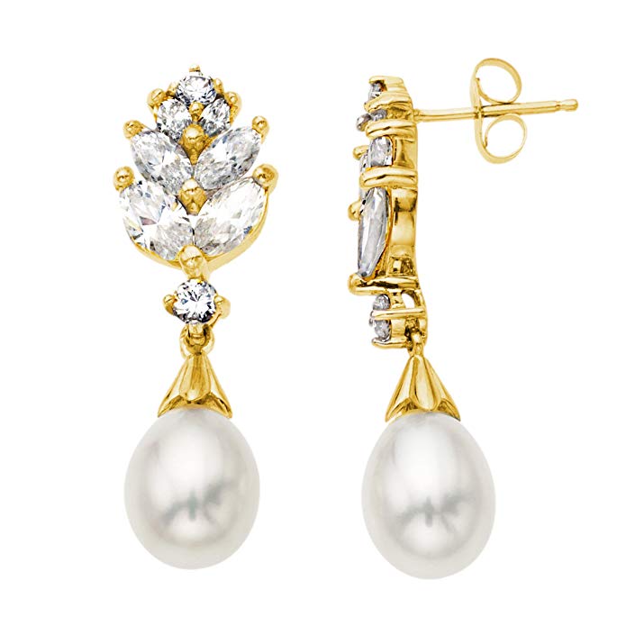 Freshwater Cultured Pearl Drop Earrings with Created White Sapphire in 10K Gold