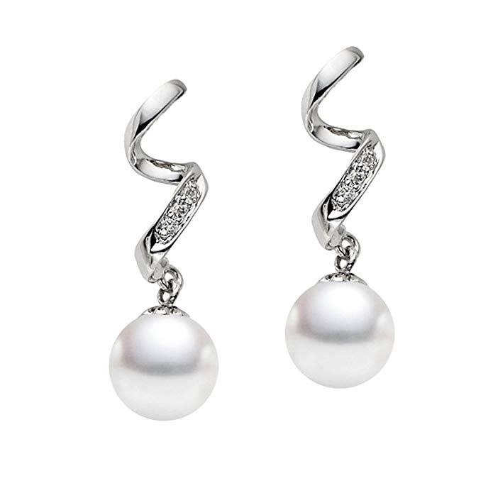 14k White Gold AAAA Quality Japanese Akoya Cultured Pearl Diamond Dangle Earrings