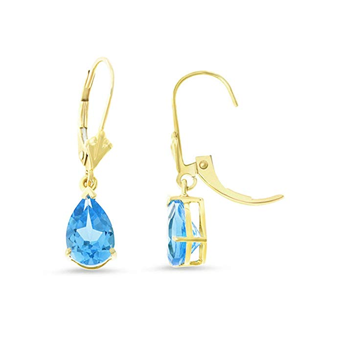 3.06CTW 14K Yellow Gold Genuine Natural Blue Topaz Pear Shaped 6 x 8 mm. Leverback Dangling Earrings