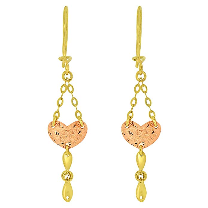 14k Yellow and Rose Gold, Modern Fancy Heart Design Dangling Drop Earring Sparkly Diacut